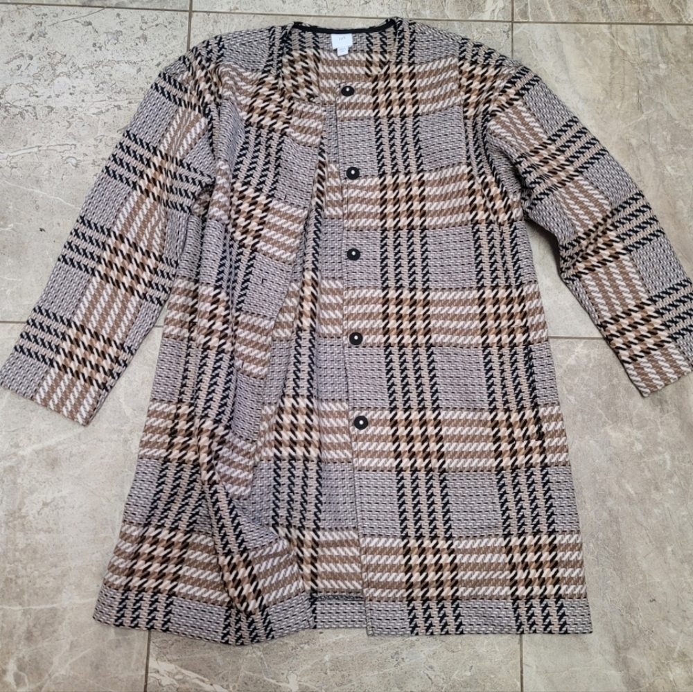 J.jill Brown Black Plaid Oversized Snap Coat Mid Length Wool Blend M Petite - Picture 2 of 4